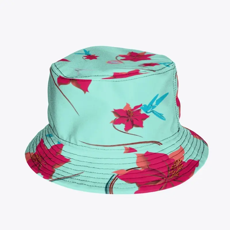 MINT HUMMINGBIRDS N HIBISCUS BUCKET HAT