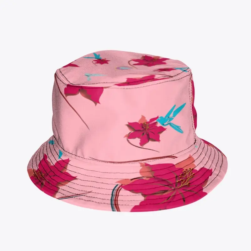 PINK HUMMINGBIRDS N HIBISCUS BUCKET HAT