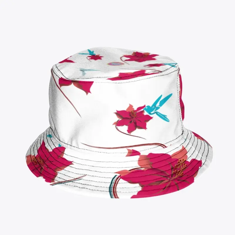 WHITE HUMMINGBIRDS N HIBISCUS BUCKET HAT